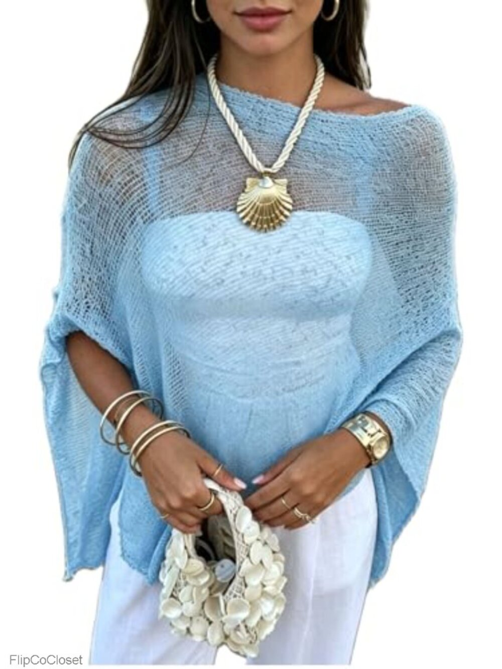Sheer Crochet Poncho Beach Cover Up Batwing Top Summer Shawl Wrap
